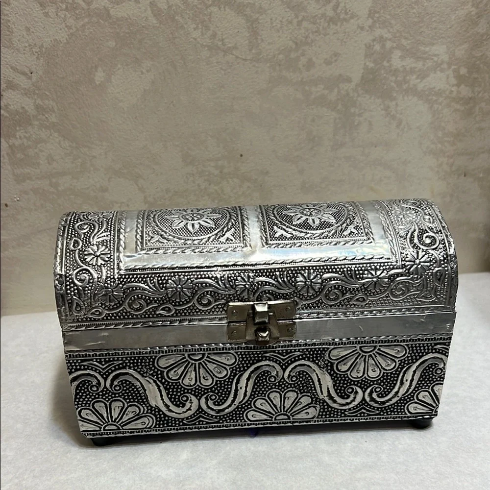 Cost Plus World Market Silver Embossed Metal Jewelry Treasure Chest